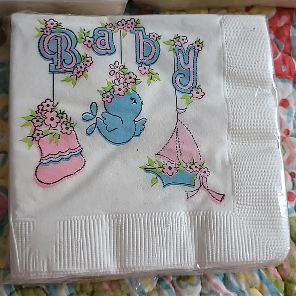 Vintage Hallmark Baby Shower Napkins - White with Multicolor Design